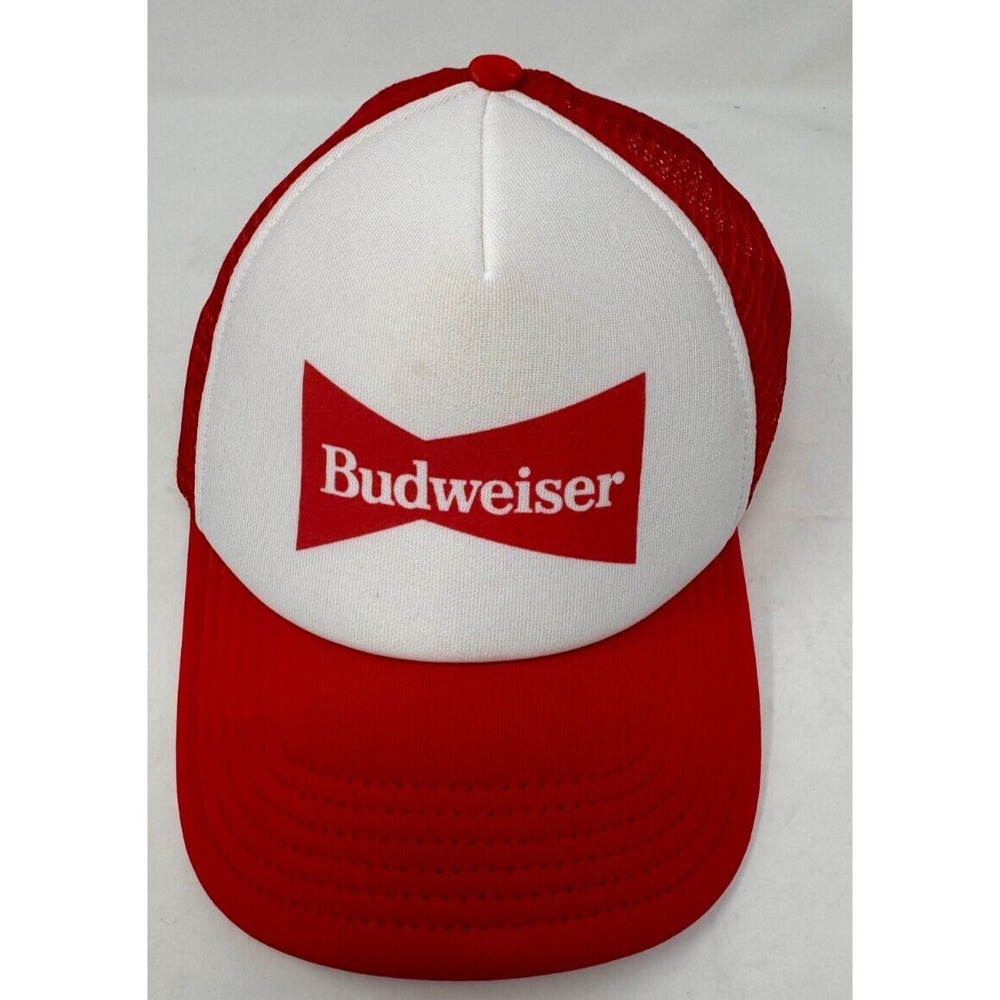NEW VINTAGE BUDWEISER RED BEER CAP HAT 5 PANEL HIGH CROWN TRUCKER SNAPBACK